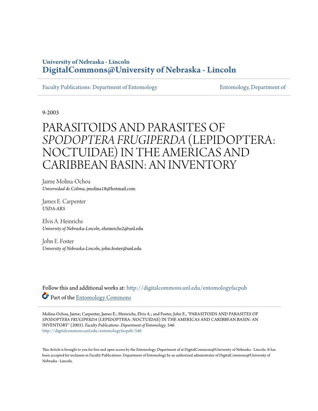 PARASITOIDS and PARASITES of &lt;I&gt;SPODOPTERA FRUGIPERDA&lt;/I