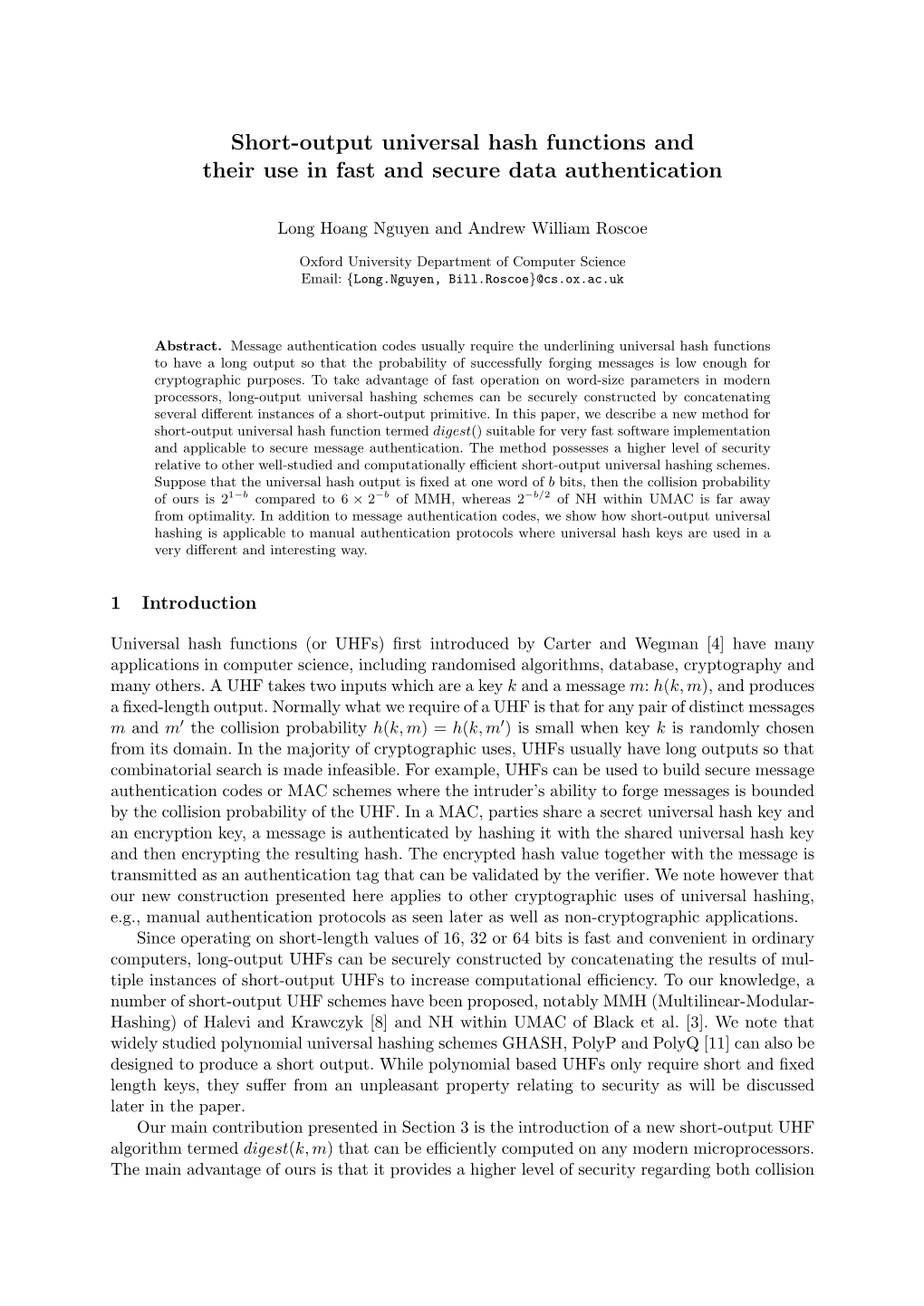 Short-Output Universal Hash Functions and Their Use in Fast and Secure Data Authentication