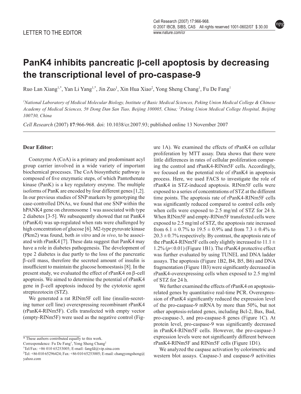 Pank4 Inhibits Pancreatic Β-Cell Apoptosis by Decreasing the Transcriptional Level of Pro-Caspase-9