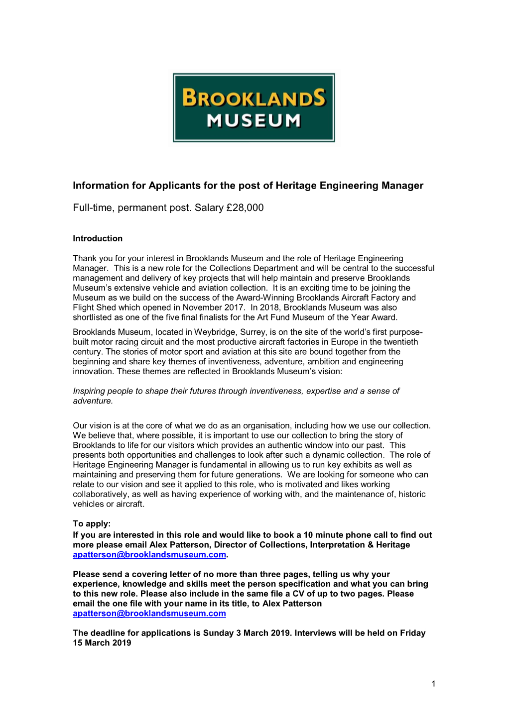 Information for Applicants for the Post of Heritage Engineering Manager