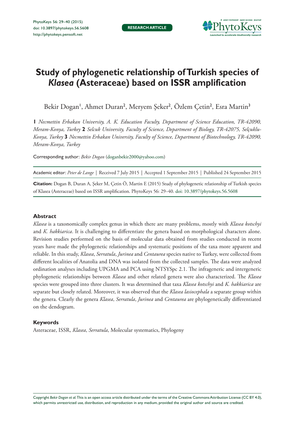 ﻿Study of Phylogenetic Relationship of Turkish Species of Klasea (Asteraceae) Based on ISSR Amplification
