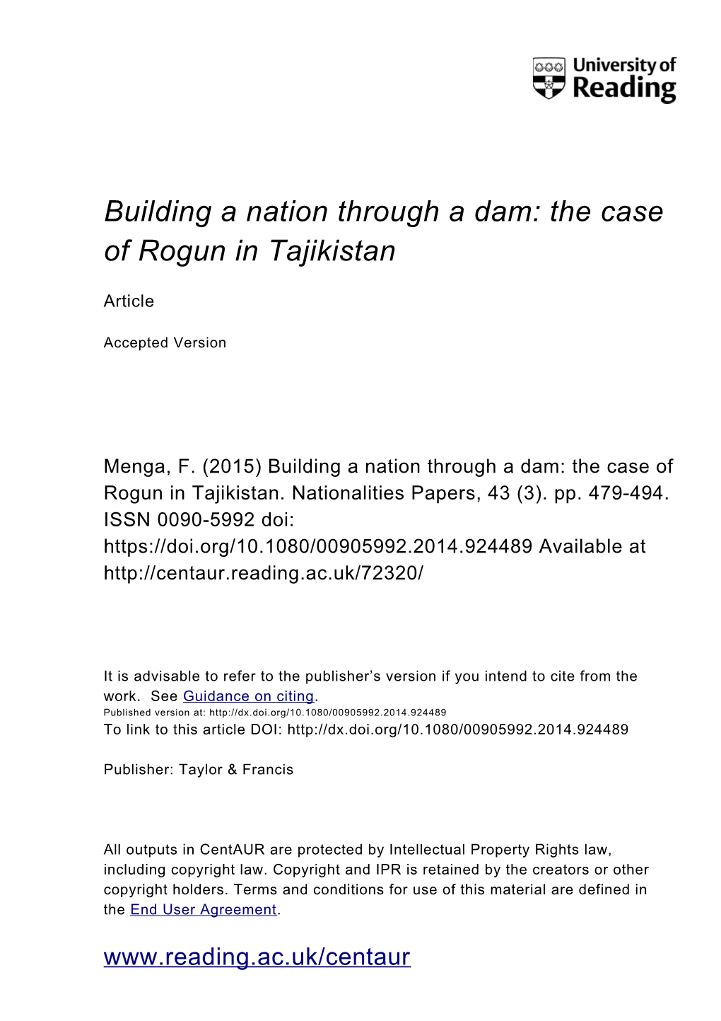 Building a Nation Through a Dam: the Case of Rogun in Tajikistan