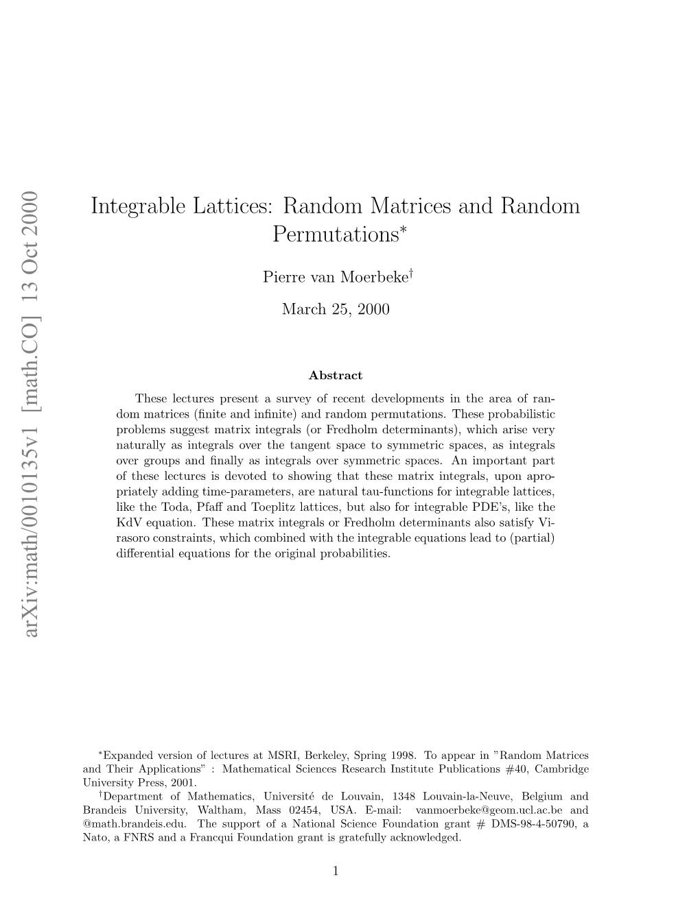 Integrable Lattices: Random Matrices and Random Permutations