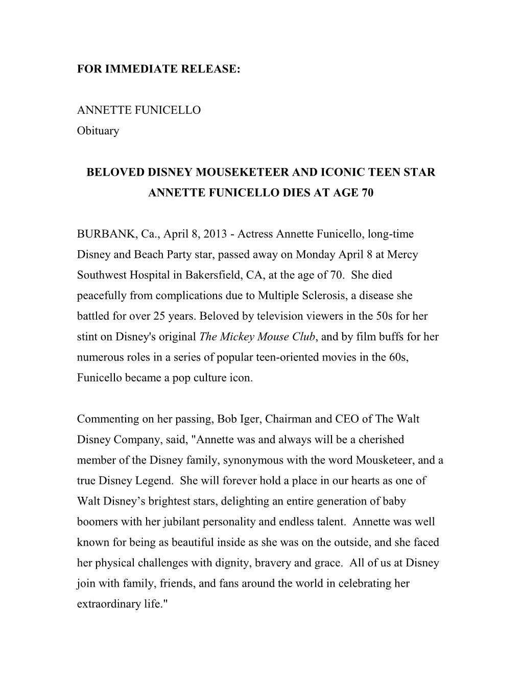 FOR IMMEDIATE RELEASE: ANNETTE FUNICELLO Obituary