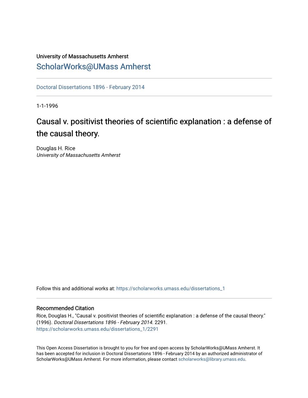 Causal V. Positivist Theories of Scientific Explanation : a Defense of the Causal Theory