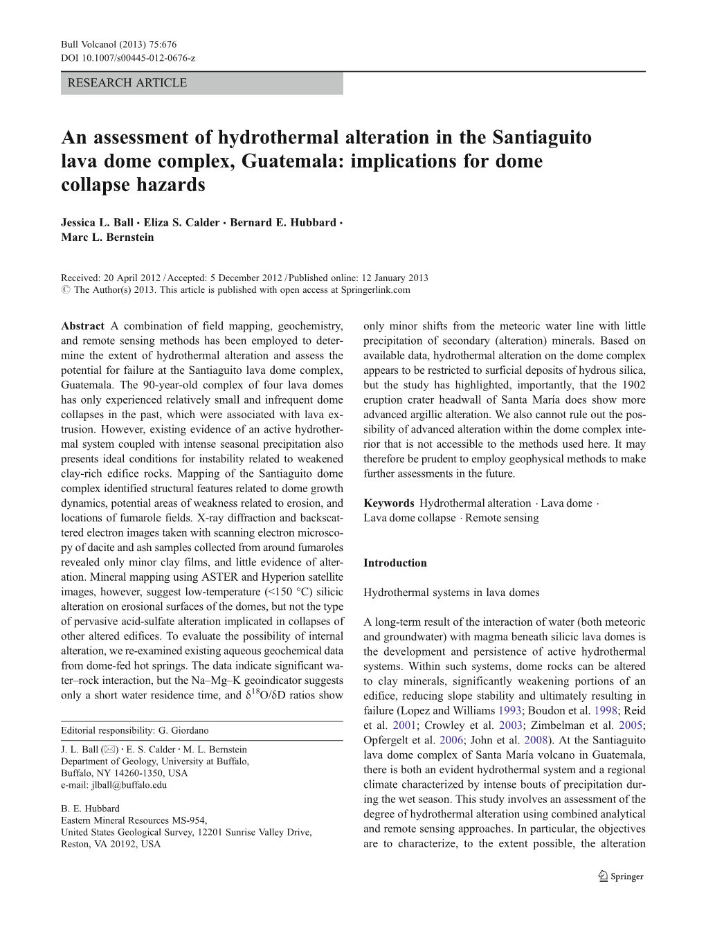 An Assessment of Hydrothermal Alteration in the Santiaguito Lava Dome Complex, Guatemala: Implications for Dome Collapse Hazards