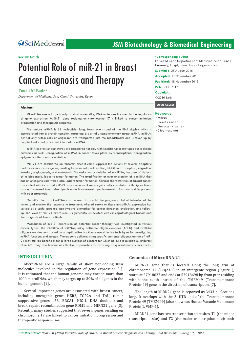 Potential Role of Mir-21 in Breast Cancer Diagnosis and Therapy