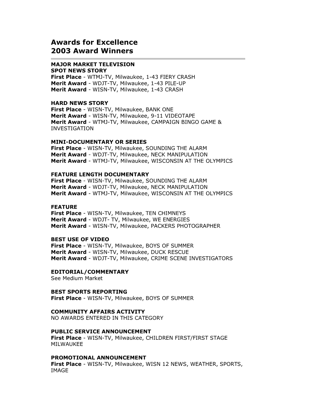 Awards for Excellence 2003 Award Winners