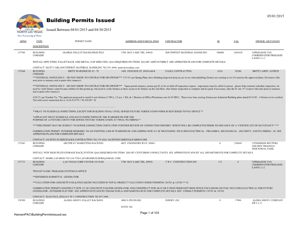 Building Permits Issued Issued Between 04/01/2015 and 04/30/2015