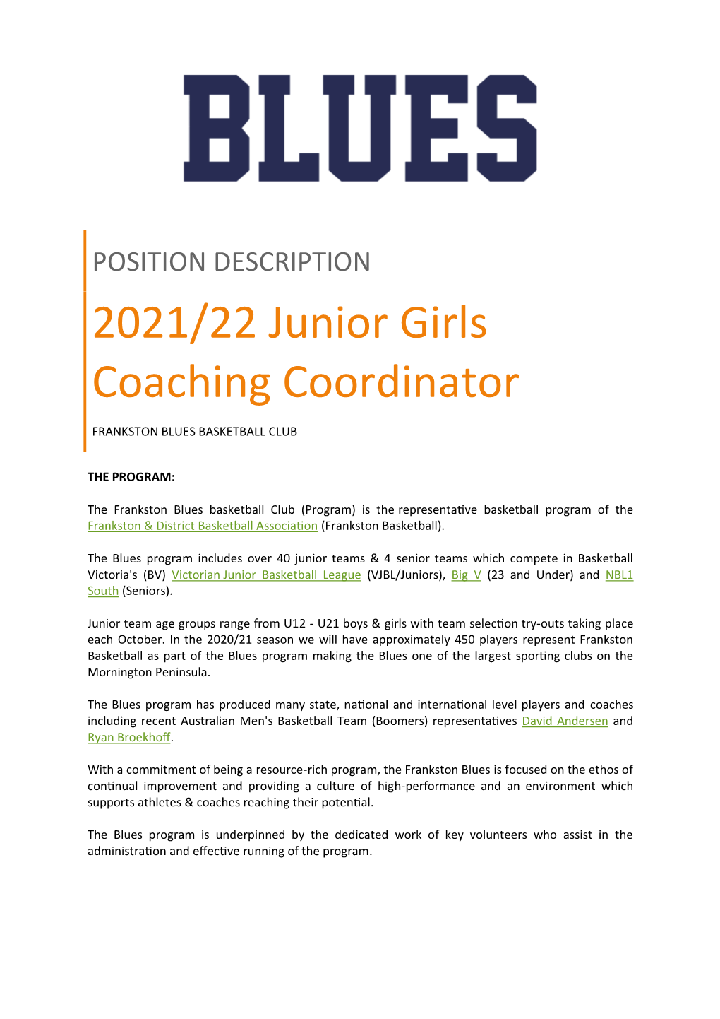 2021/22 Junior Girls Coaching Coordinator