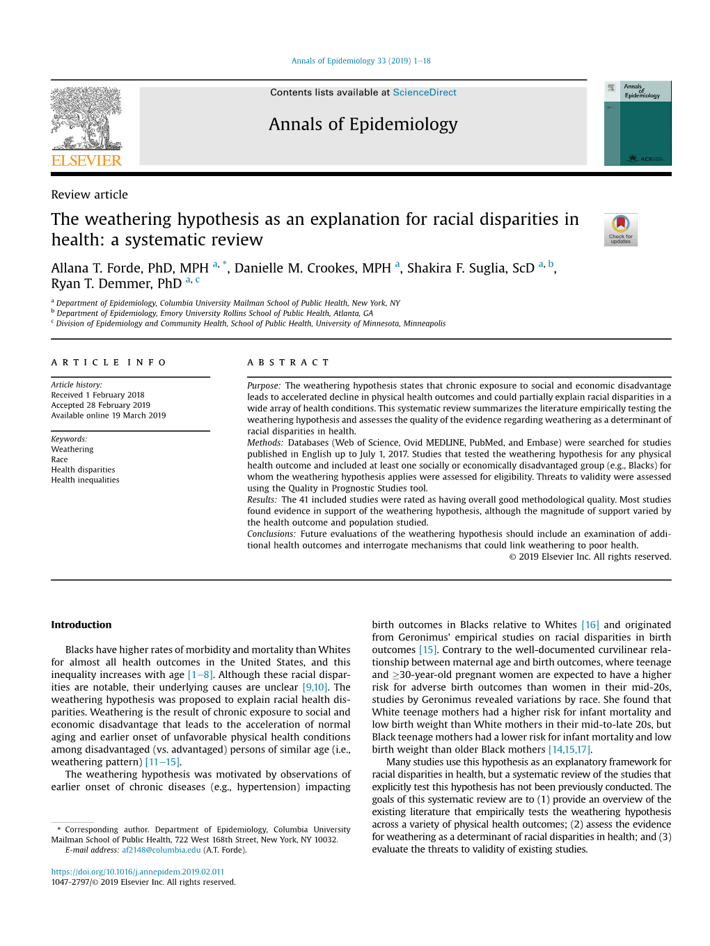 The Weathering Hypothesis As an Explanation for Racial Disparities in Health: a Systematic Review