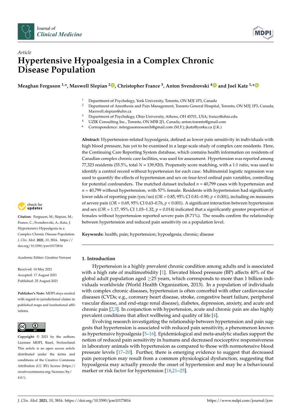 Hypertensive Hypoalgesia in a Complex Chronic Disease Population