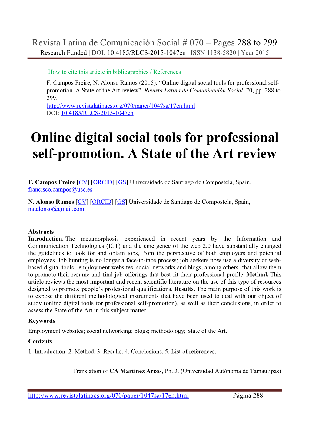 Online Digital Social Tools for Professional Self-Promotion. a State of the Art Review