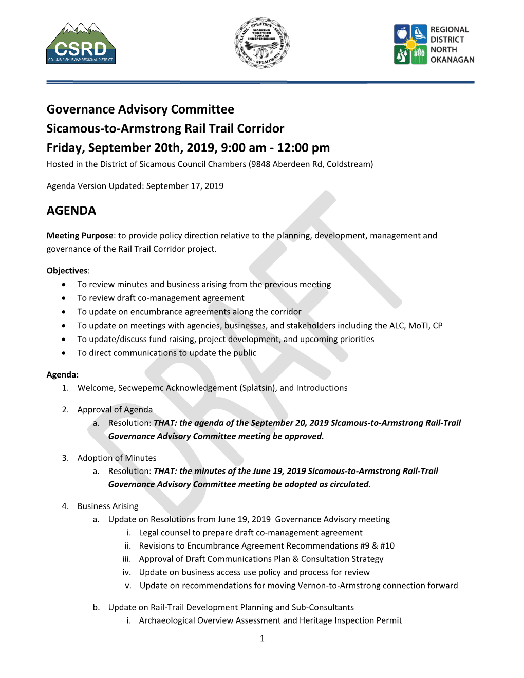 Governance Advisory Committee Sicamous-To-Armstrong Rail Trail Corridor Friday, September 20Th, 2019, 9:00 Am