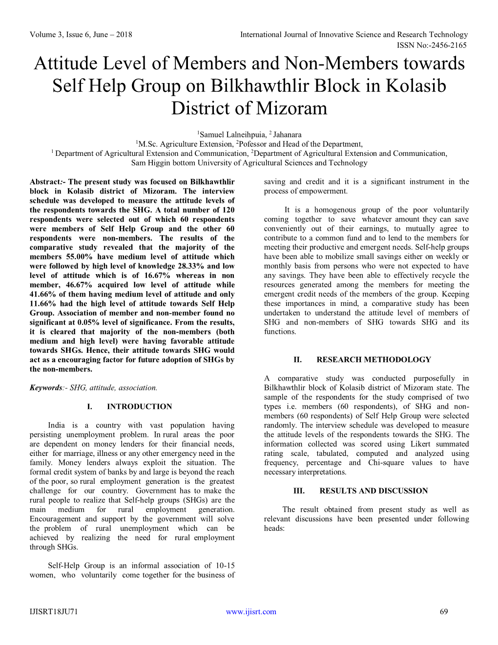 Attitude Level of Members and Non-Members Towards Self Help Group on Bilkhawthlir Block in Kolasib District of Mizoram