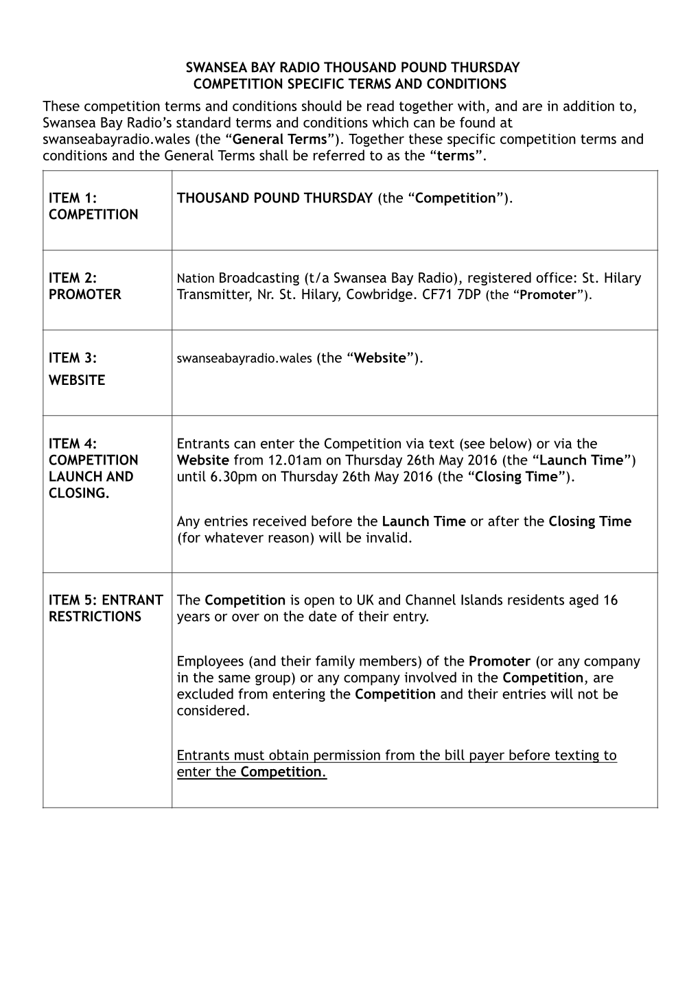 Swansea Bay Radio T&Cs for £1000 Thursday