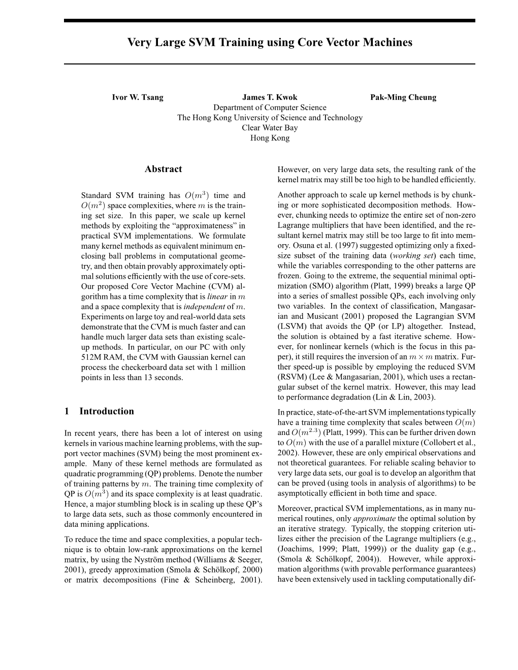 Very Large SVM Training Using Core Vector Machines