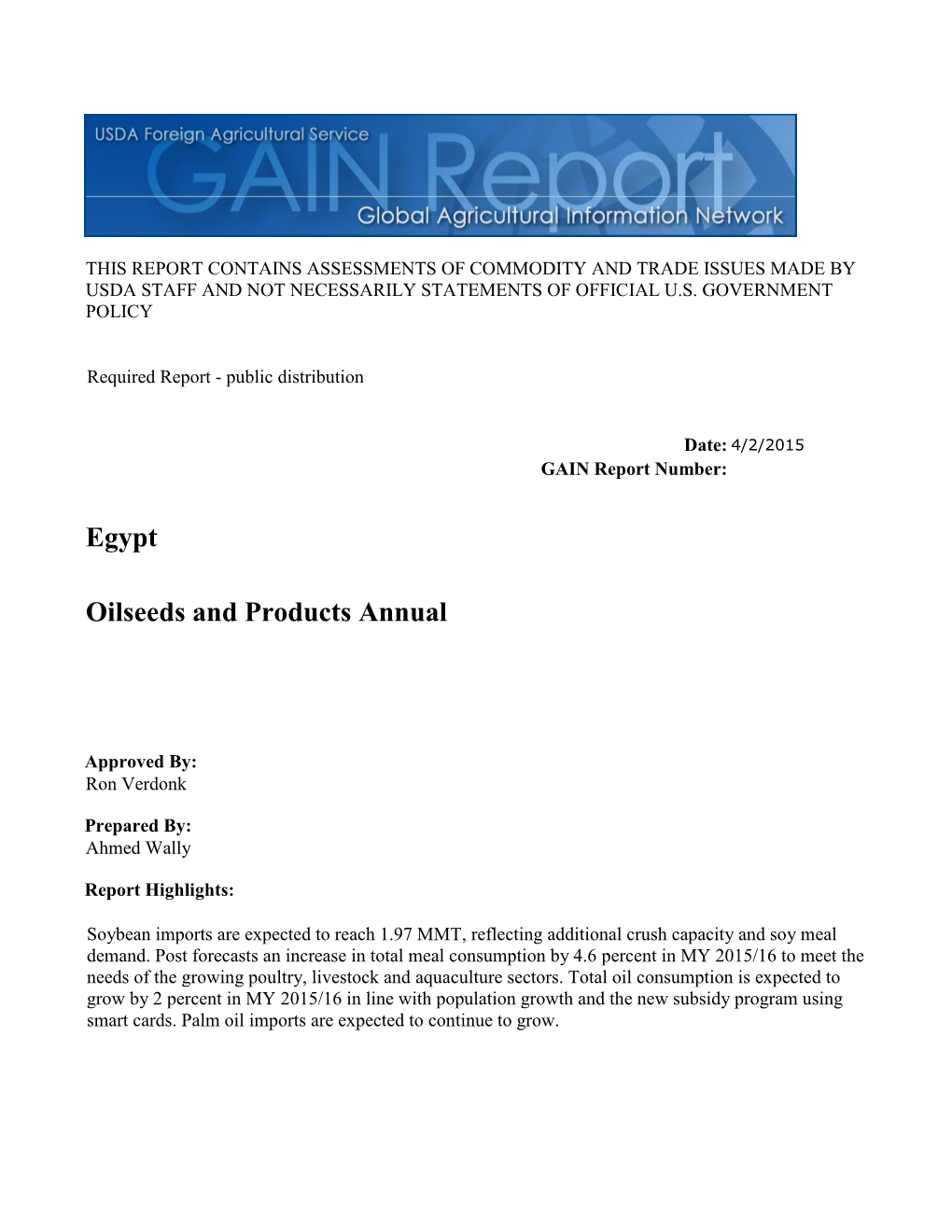 Oilseeds and Products Annual Egypt