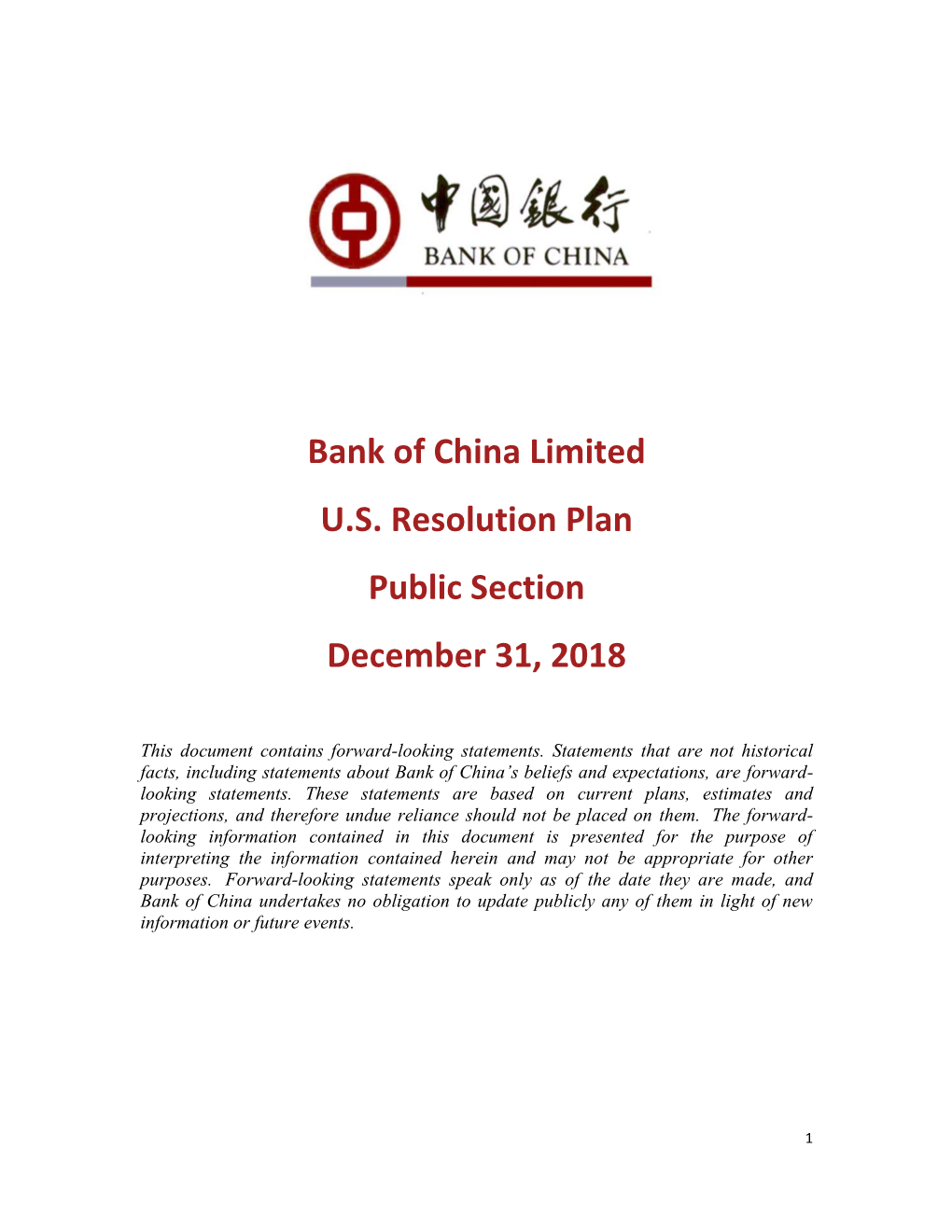 Bank of China Limited US Resolution Plan Public Section December 31, 2018