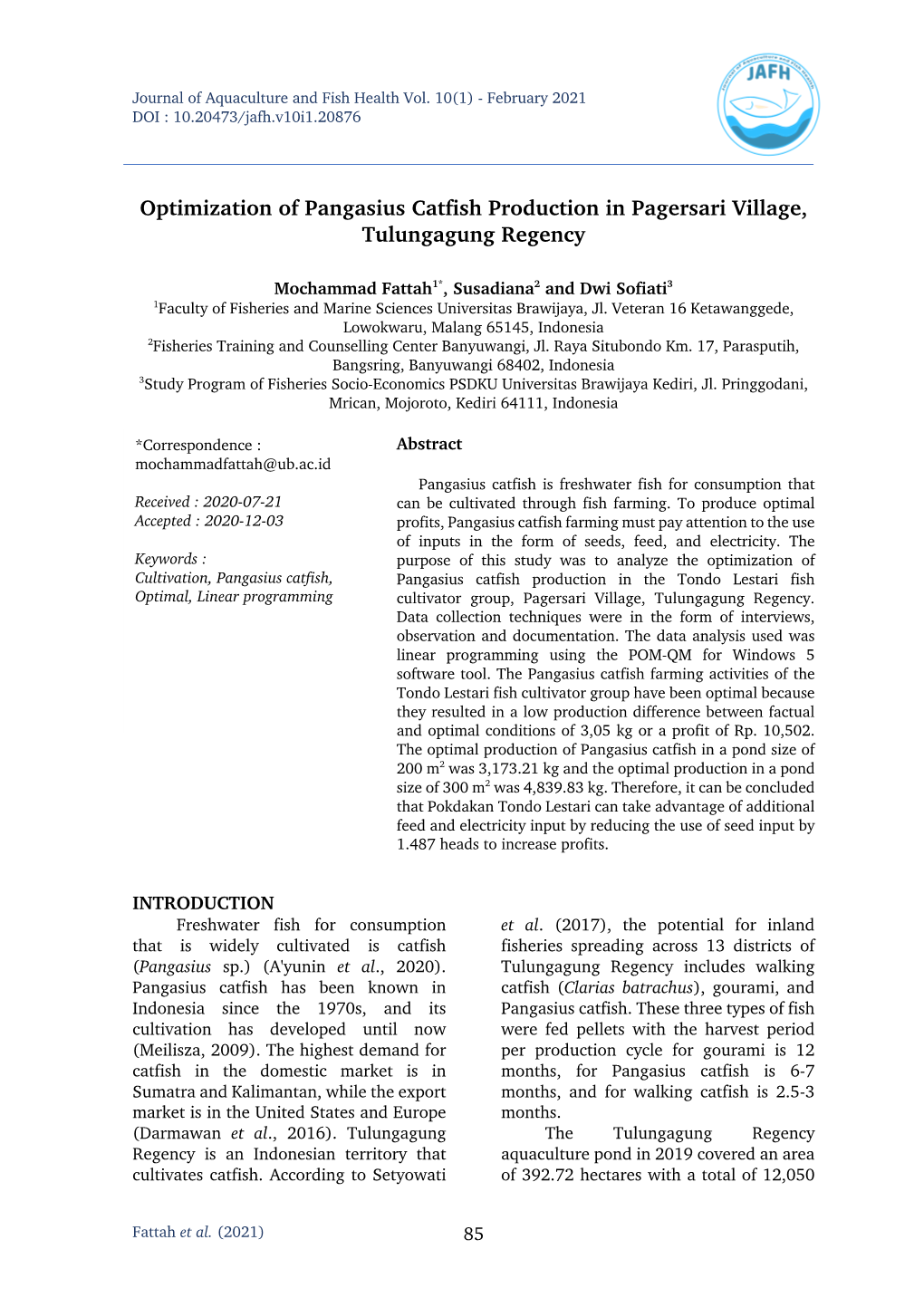 Optimization of Pangasius Catfish Production in Pagersari Village, Tulungagung Regency