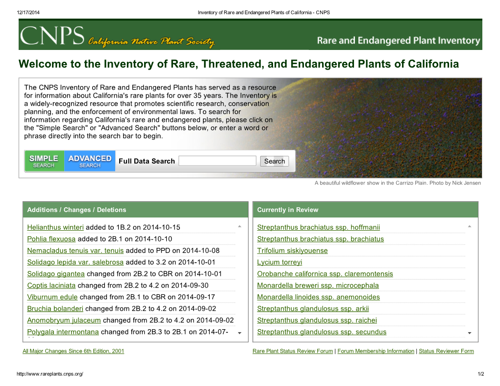 The Inventory of Rare, Threatened, and Endangered Plants of California