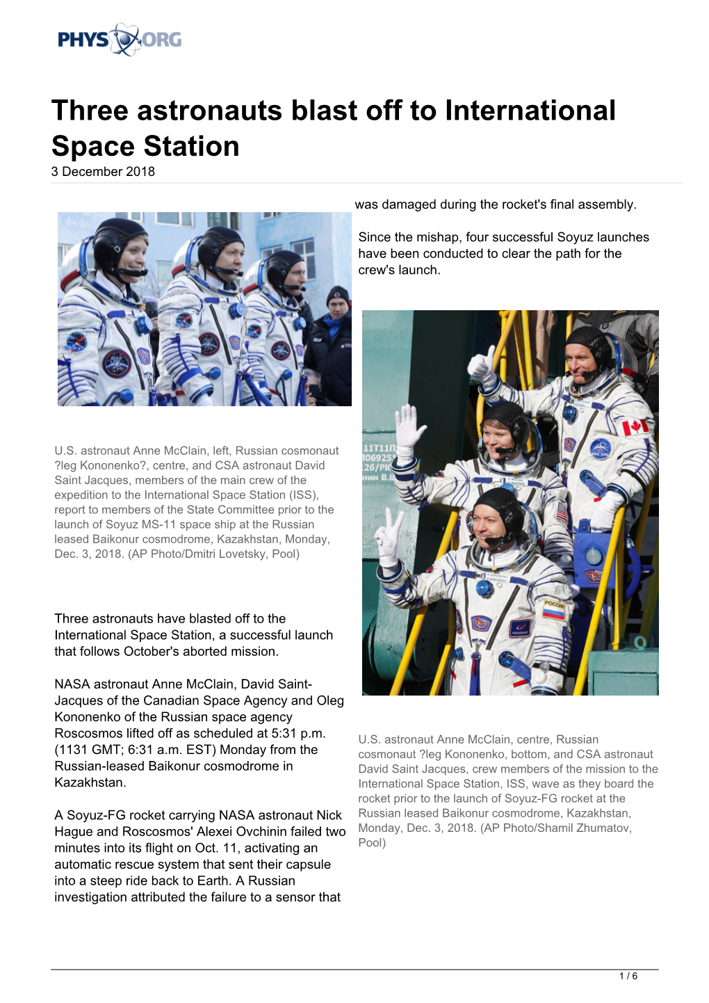 Three Astronauts Blast Off to International Space Station 3 December 2018