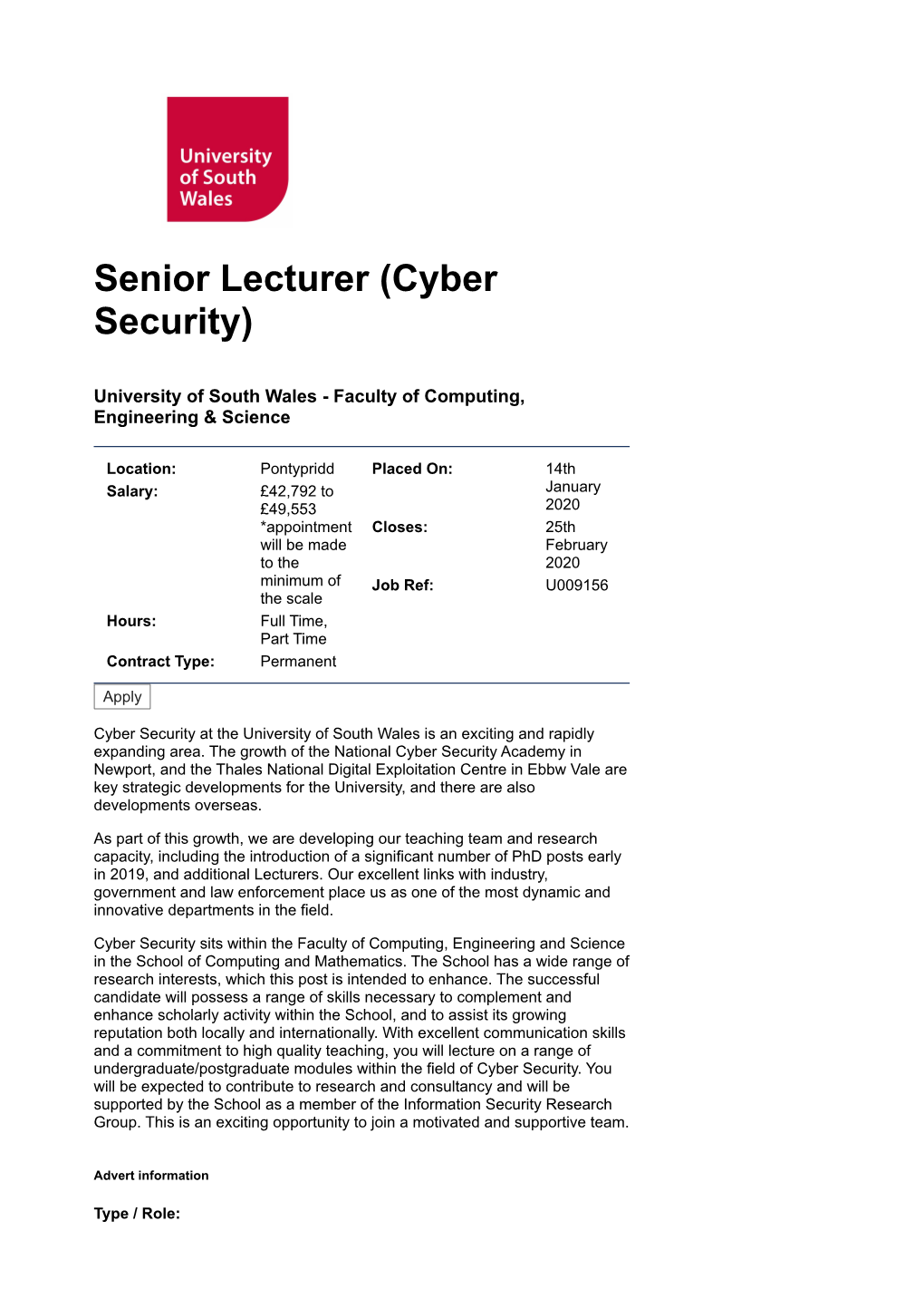 Senior Lecturer (Cyber Security)