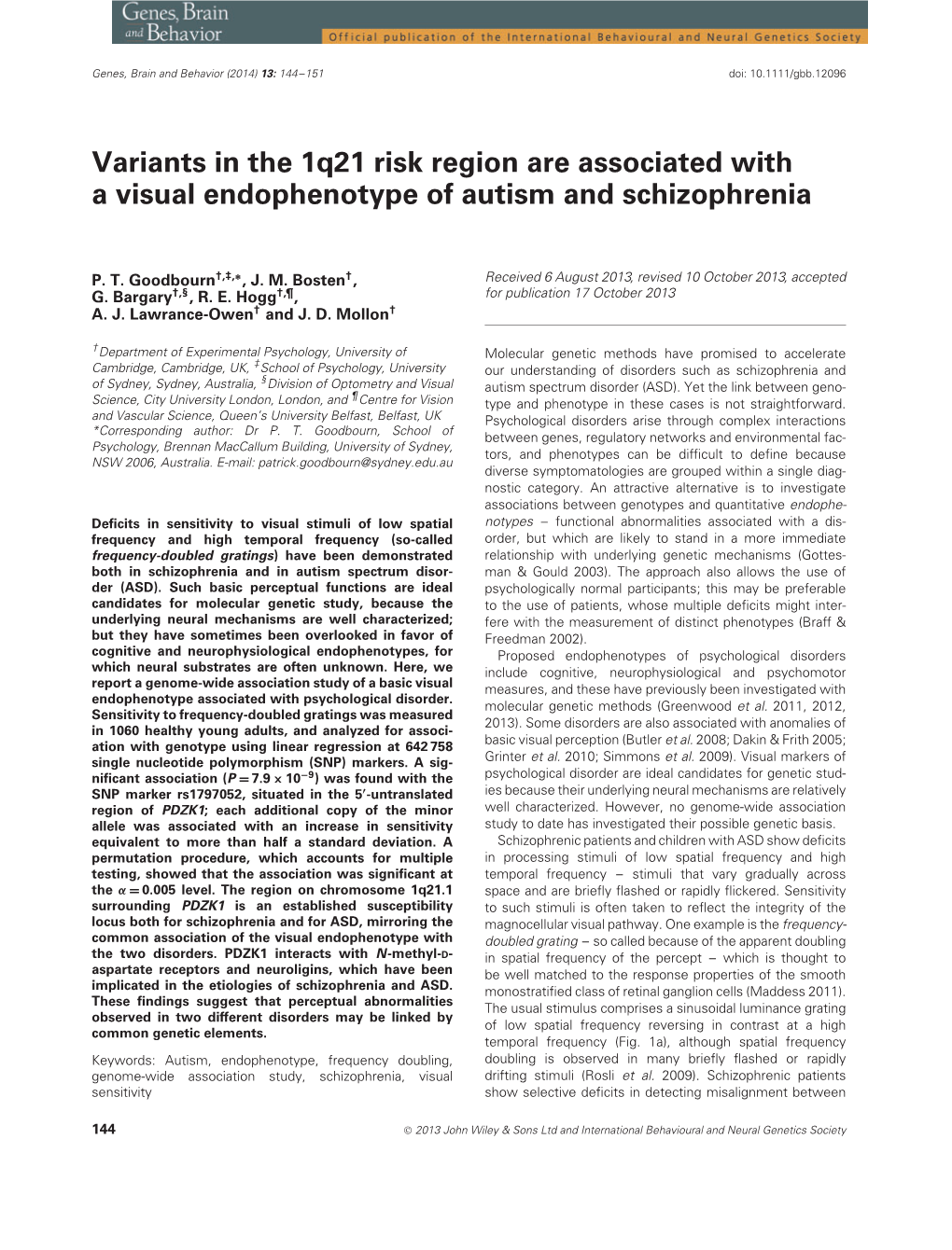 Variants in the 1Q21 Risk Region Are Associated with a Visual Endophenotype of Autism and Schizophrenia