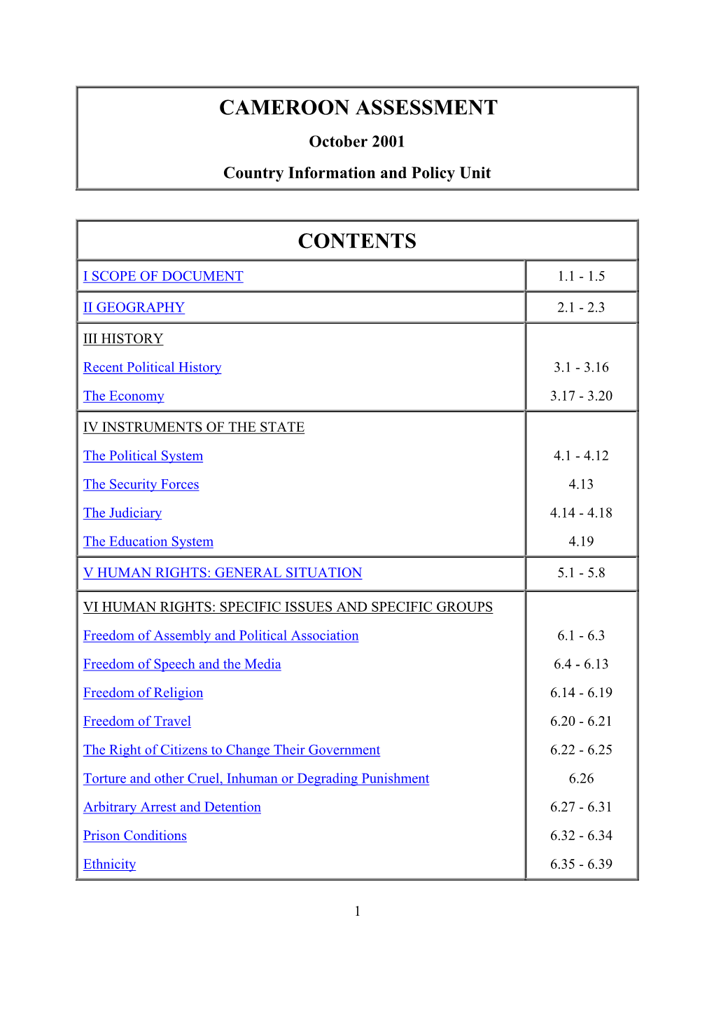 CAMEROON ASSESSMENT October 2001