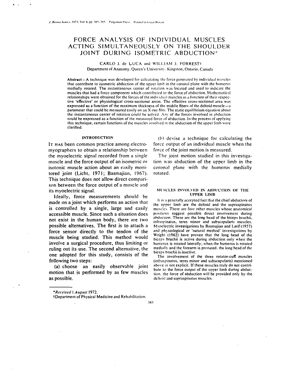 Force Analysis of Individual Muscles Acting Simultaneously on the Shoulder Joint During Isometric Abduction*