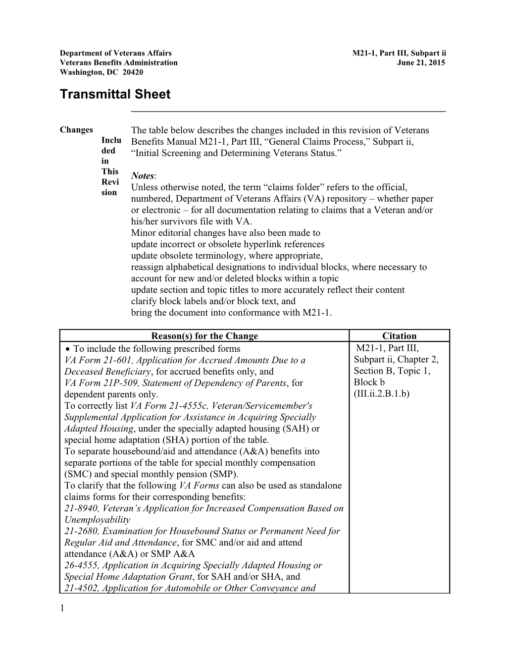 Department of Veterans Affairs M21-1, Part III, Subpart Ii