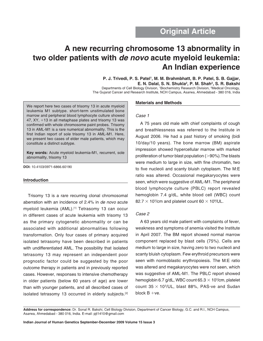 A New Recurring Chromosome 13 Abnormality in Two Older Patients with De Novo Acute Myeloid Leukemia: an Indian Experience