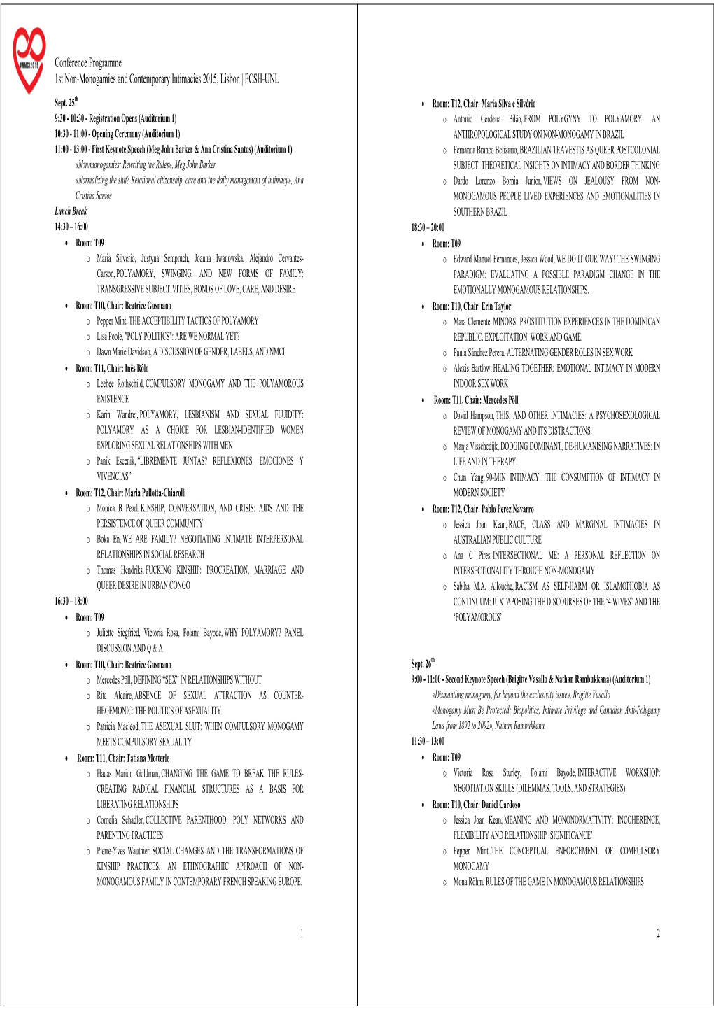 Conference Programme 1St Non-Monogamies and Contemporary Intimacies 2015, Lisbon | FCSH-UNL