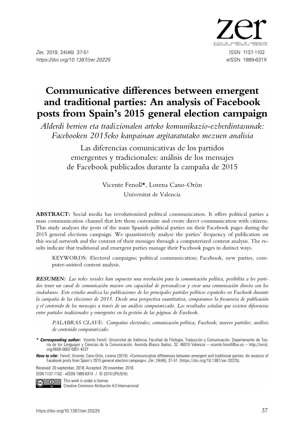 Communicative Differences Between Emergent and Traditional Parties: an Analysis of Facebook Posts from Spain's 2015 General El