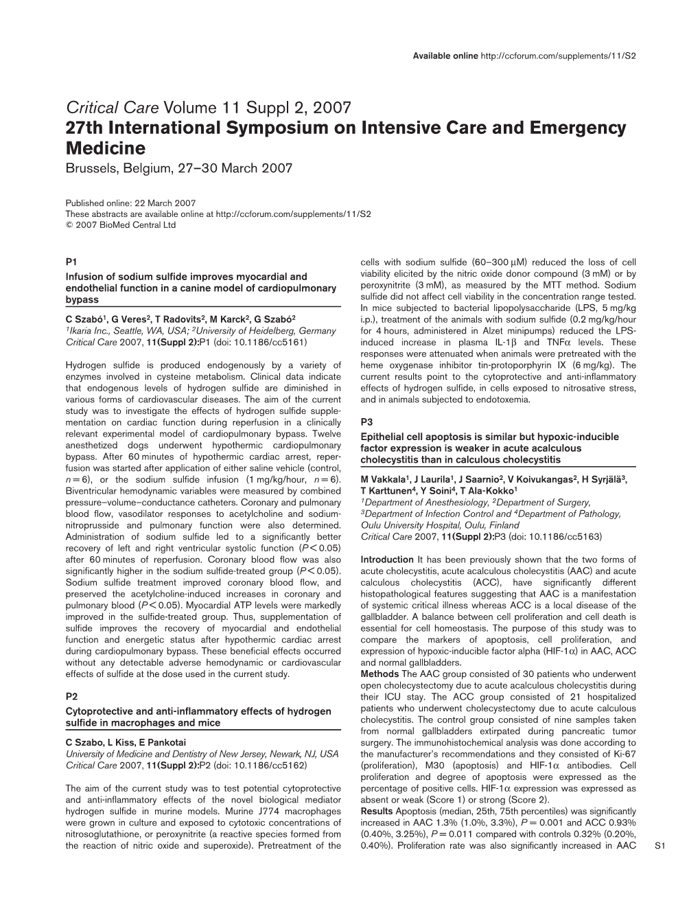 27Th International Symposium on Intensive Care and Emergency Medicine Brussels, Belgium, 27–30 March 2007