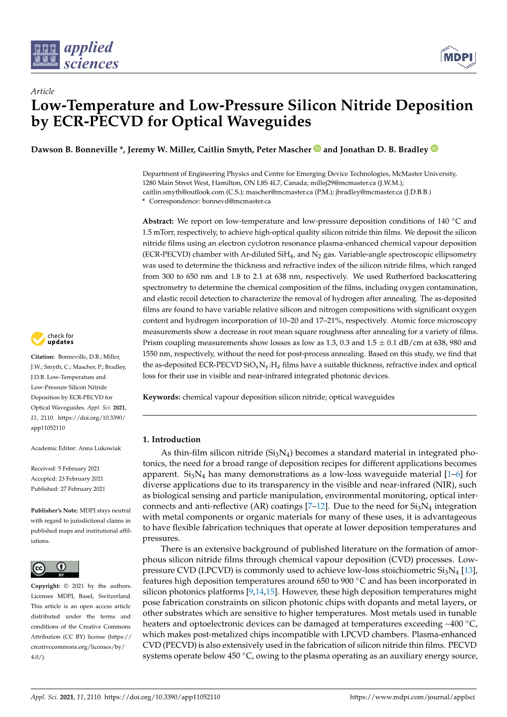 Low-Temperature and Low-Pressure Silicon Nitride Deposition by ECR-PECVD for Optical Waveguides