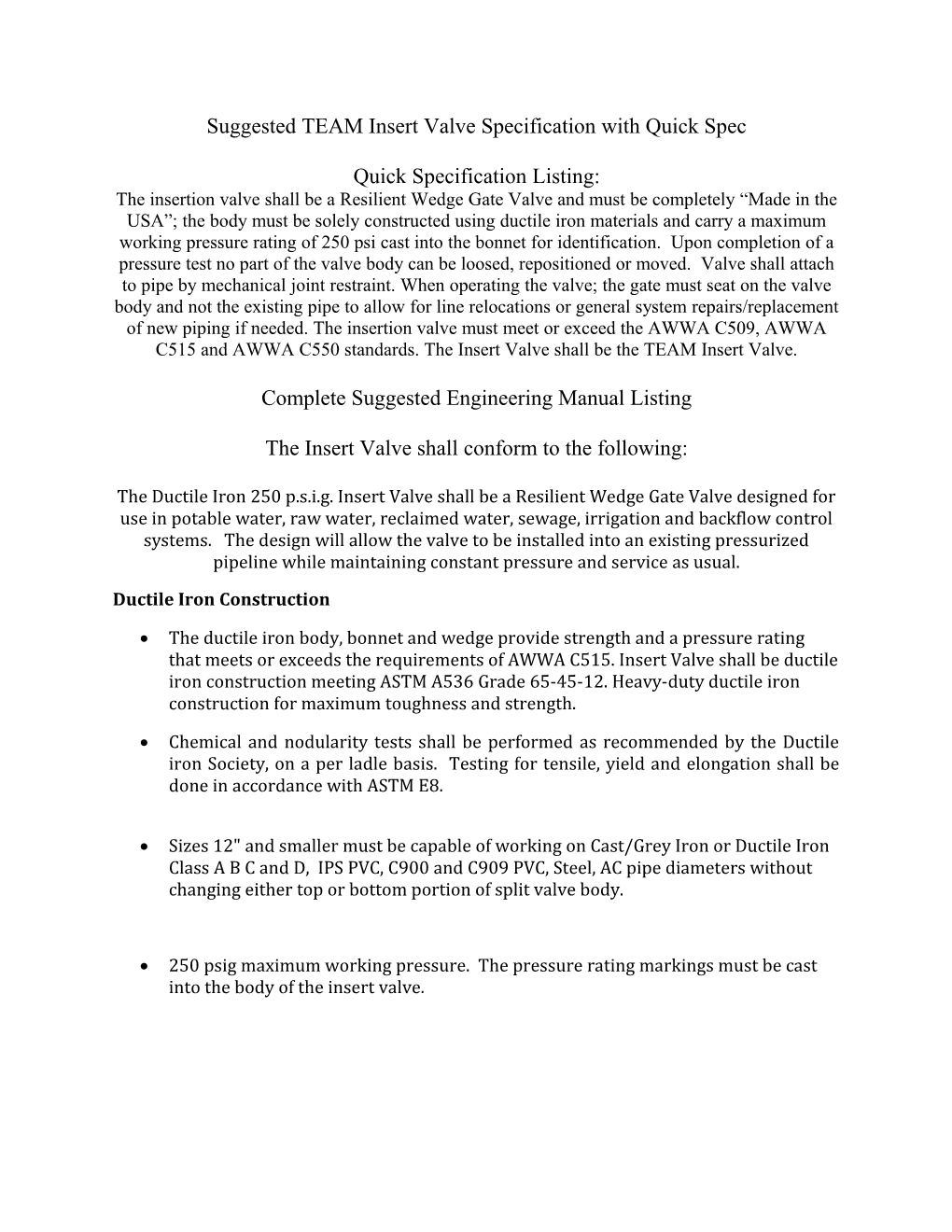 Suggested TEAM Insert Valve Specification with Quick Spec