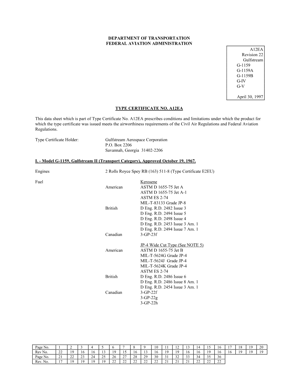 DEPARTMENT of TRANSPORTATION FEDERAL AVIATION ADMINISTRATION A12EA Revision 22 Gulfstream G-1159 G-1159A G-1159B G-IV G-V April