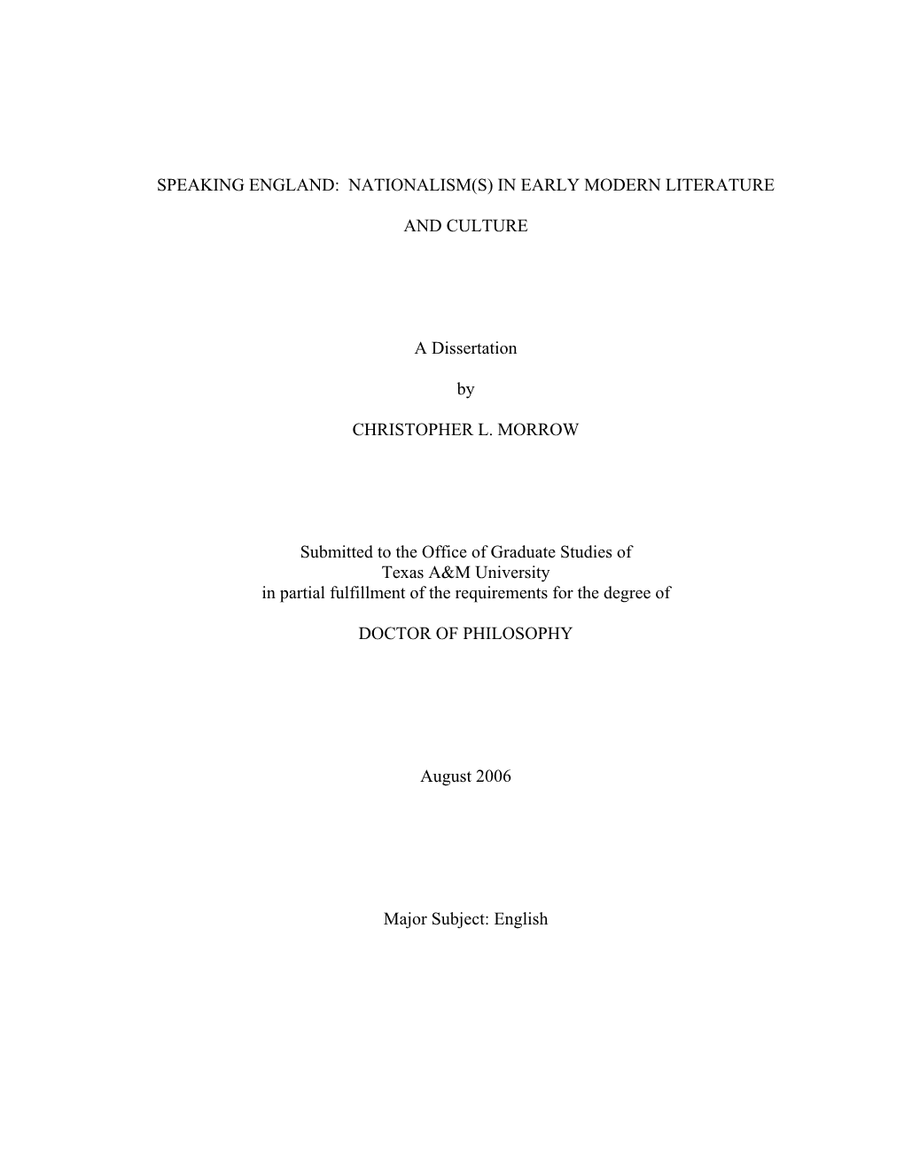 Speaking England: Nationalism(S) in Early Modern Literature