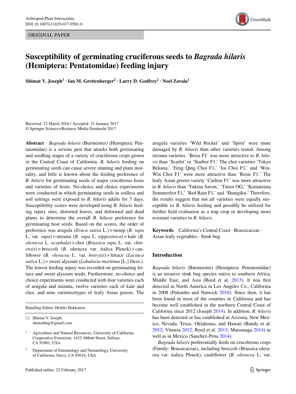 Susceptibility of Germinating Cruciferous Seeds to Bagrada Hilaris (Hemiptera: Pentatomidae) Feeding Injury