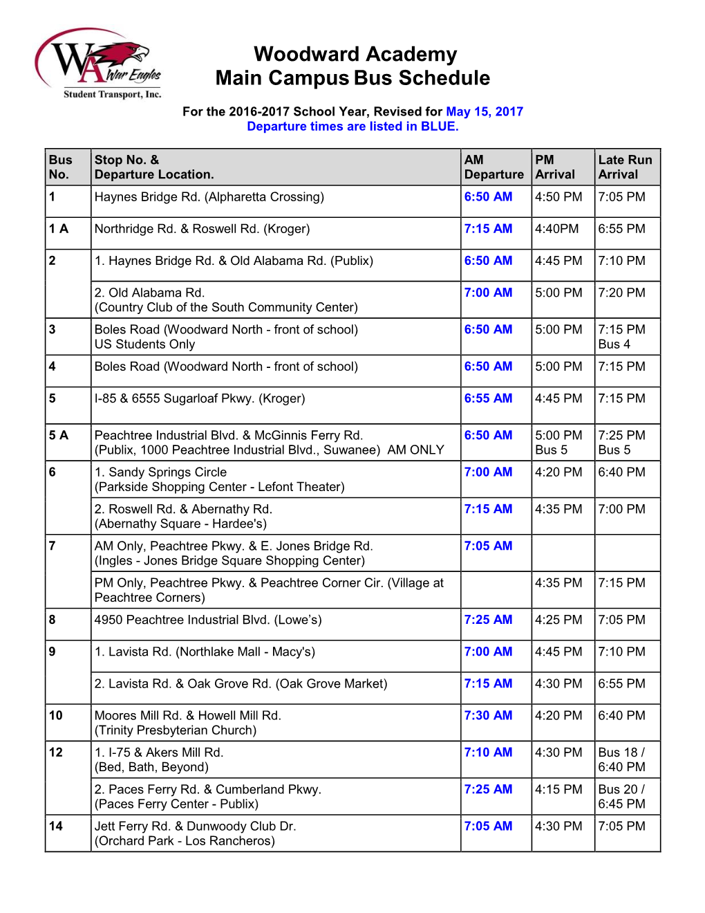 Woodward Academy Main Campusbus Schedule