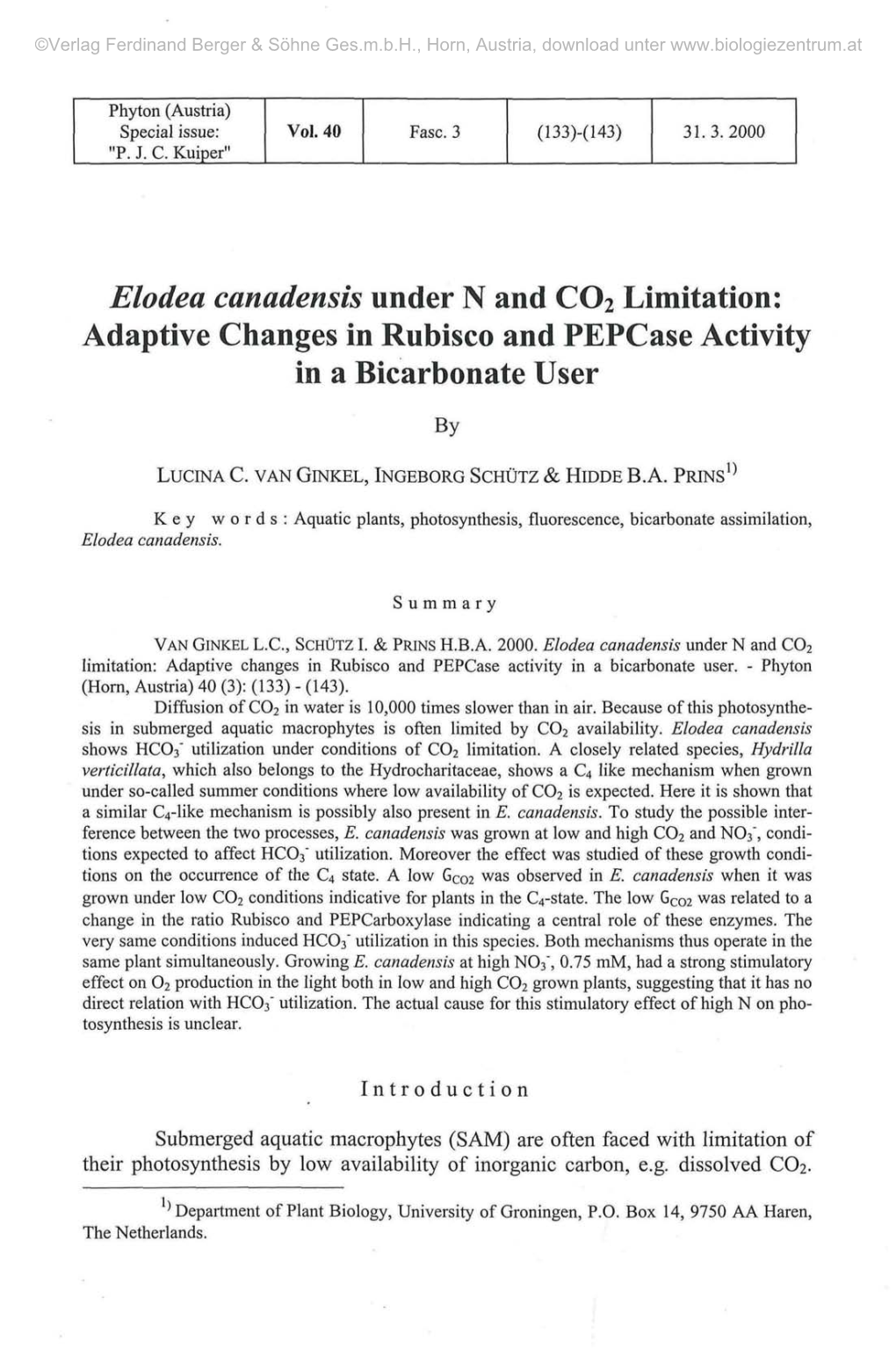 Elodea Canadensis Under N and CO2 Limitation: Adaptive Changes in Rubisco and Pepcase Activity in a Bicarbonate User
