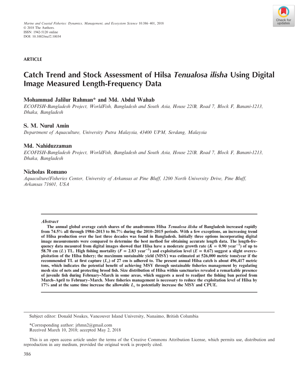 Catch Trend and Stock Assessment of Hilsa Tenualosa Ilisha Using Digital Image Measured Length-Frequency Data