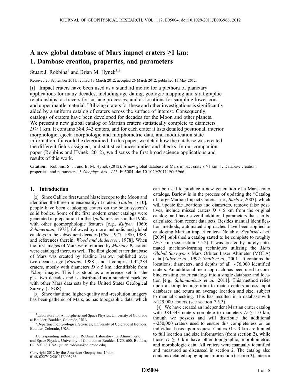 A New Global Database of Mars Impact Craters ≥1 Km: 1