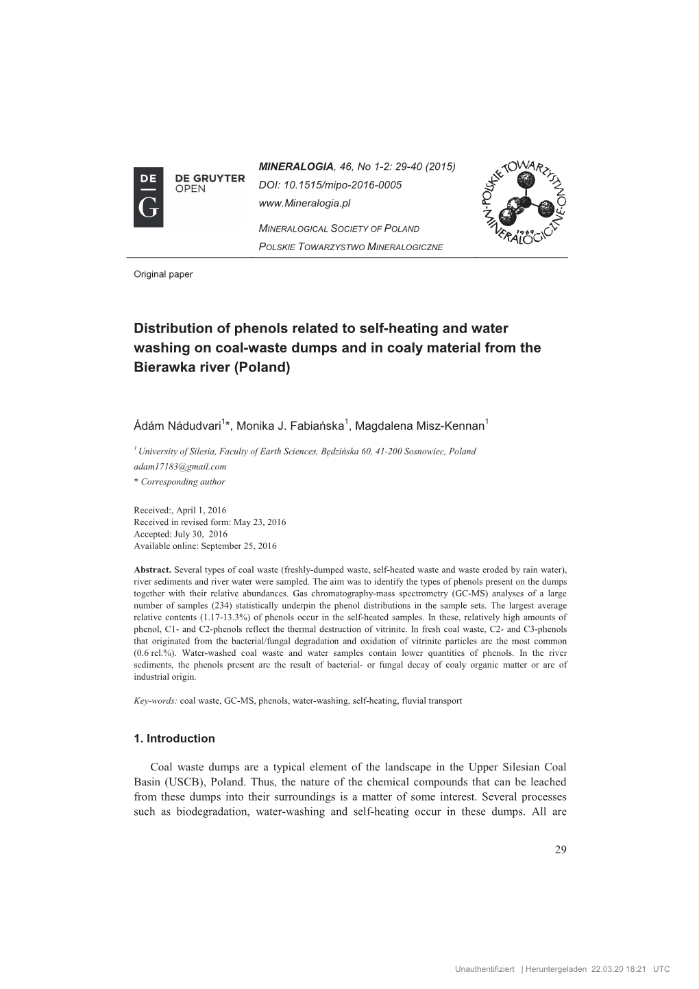 Distribution of Phenols Related to Self-Heating and Water Washing on Coal-Waste Dumps and in Coaly Material from the Bierawka River (Poland)