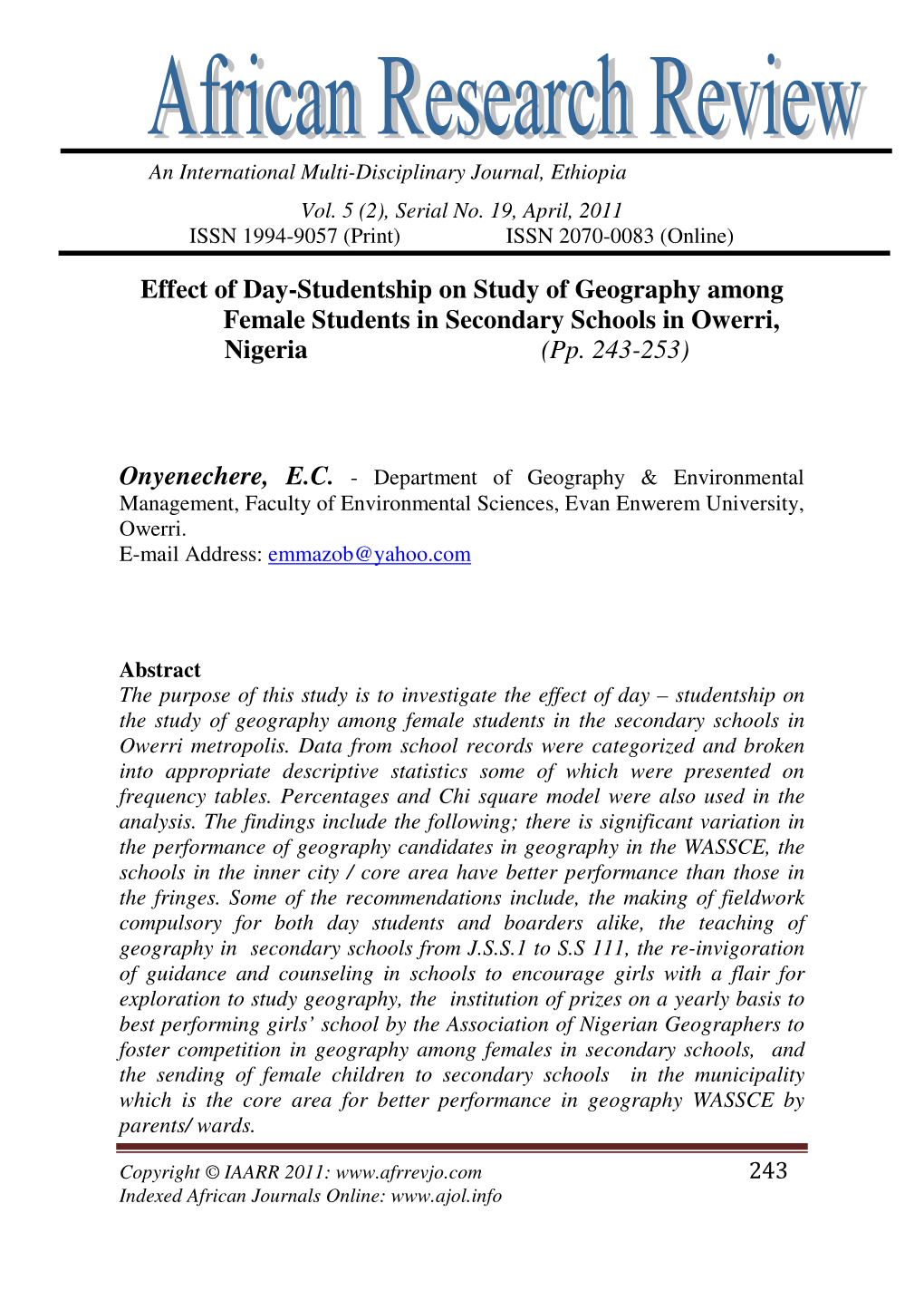 Effect of Day-Studentship on Study of Geography Among Female Students in Secondary Schools in Owerri, Nigeria (Pp