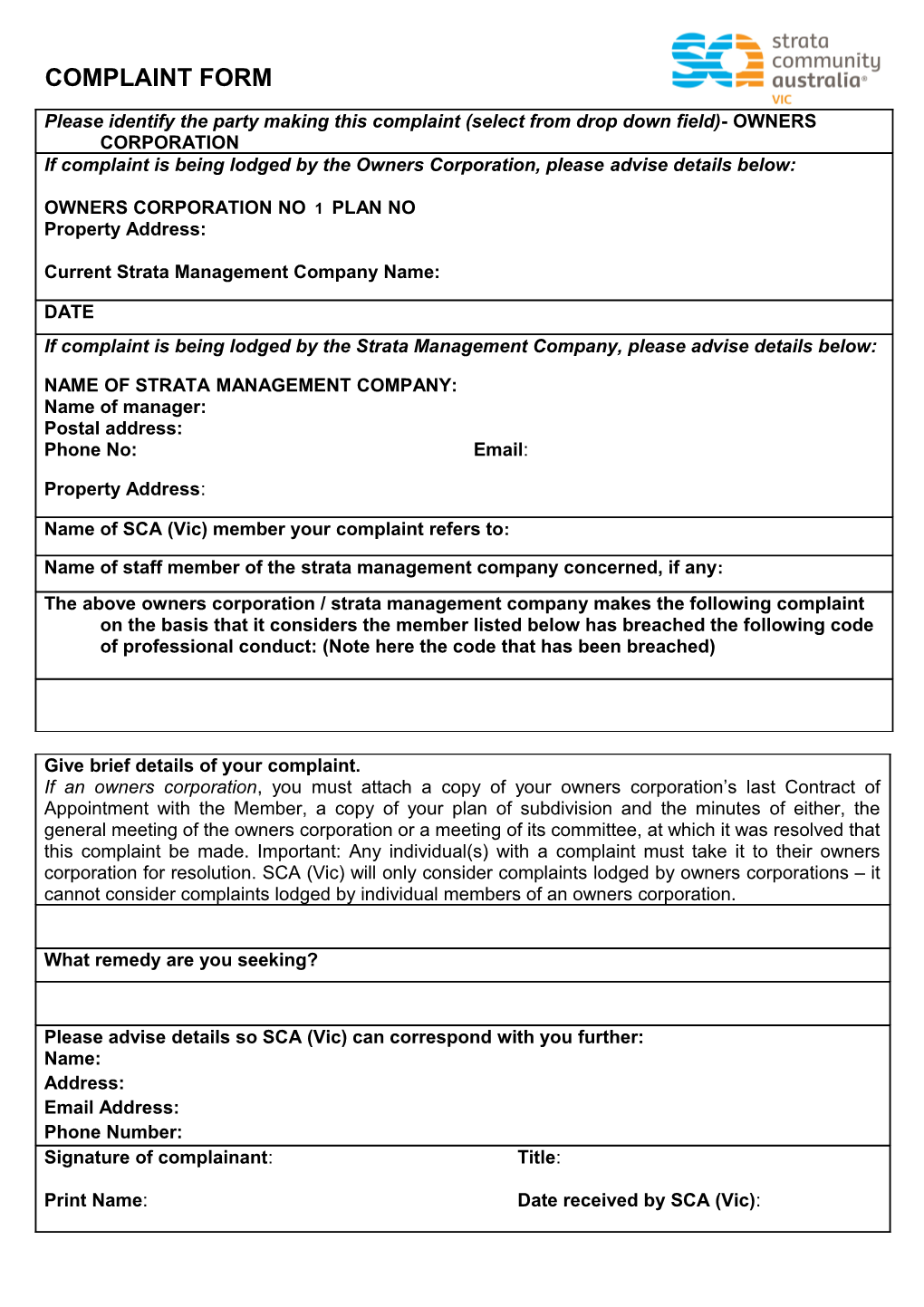 Complaint Form - Body Corporate s1