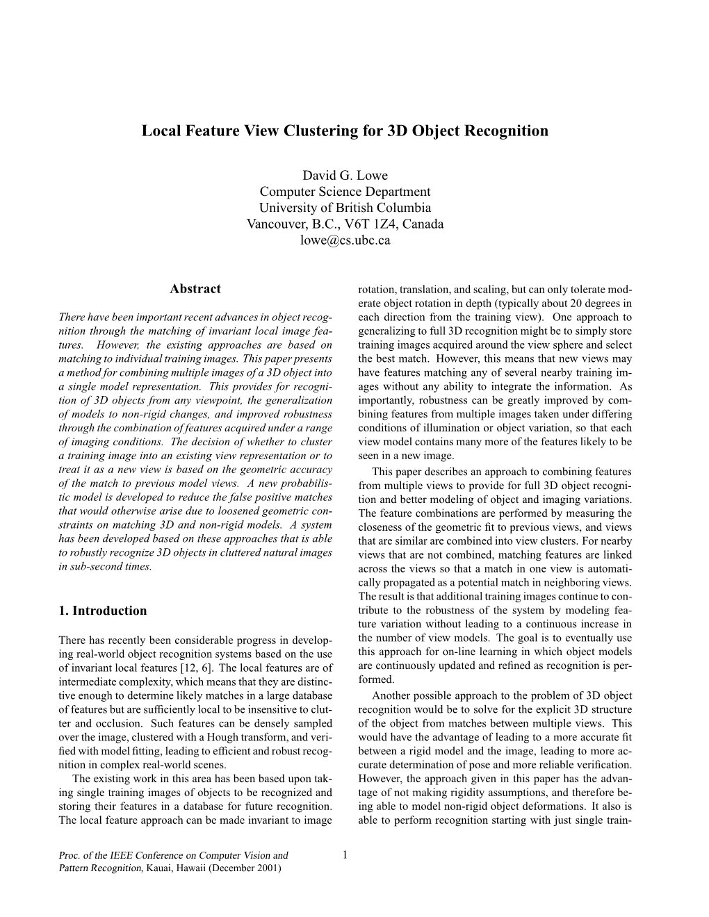 Local Feature View Clustering for 3D Object Recognition