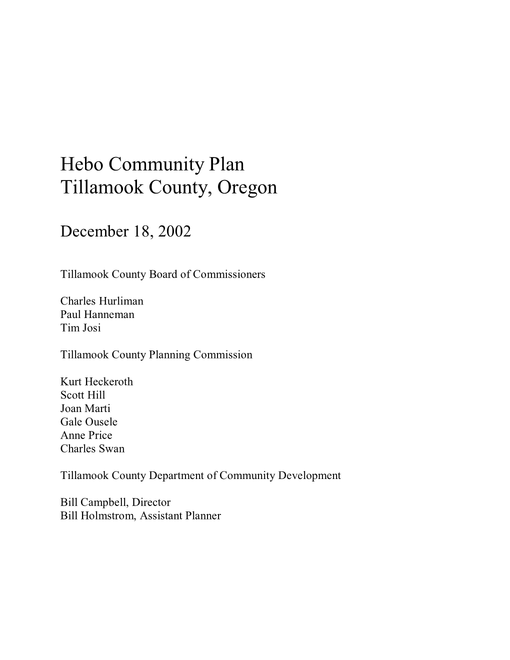 Hebo Community Plan Tillamook County, Oregon