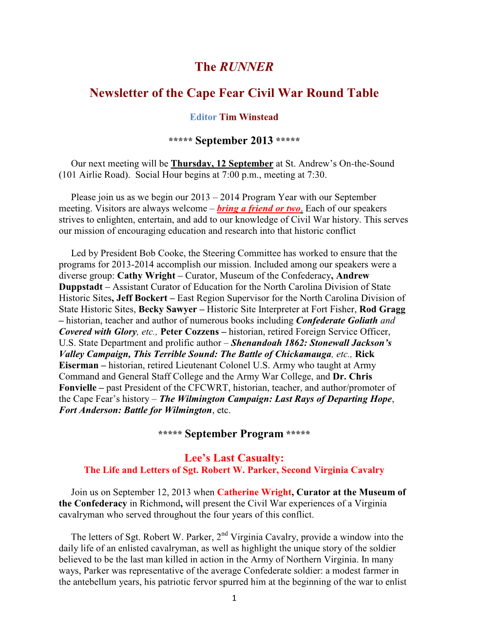 The RUNNER Newsletter of the Cape Fear Civil War Round Table